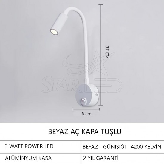 Yatak Başı Okuma Lambası 3 Watt  GOLD - BEYAZ - SİYAH - KROM