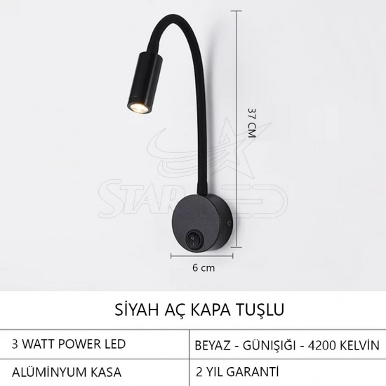 Yatak Başı Okuma Lambası 3 Watt  GOLD - BEYAZ - SİYAH - KROM